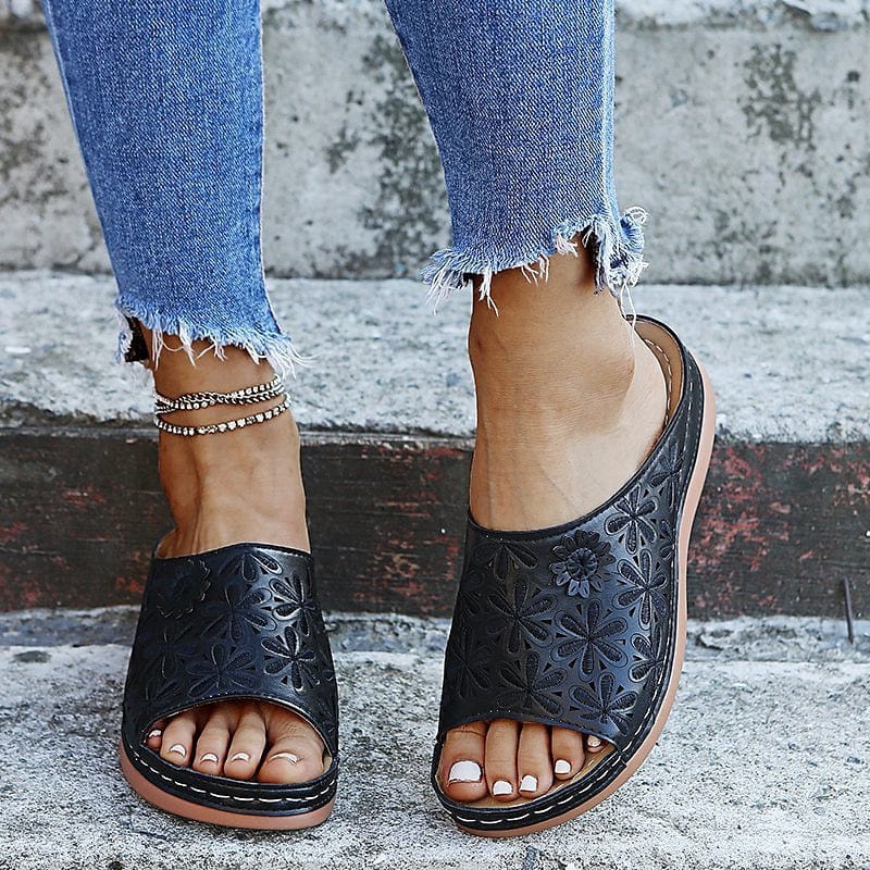 Black Vintage Vegan Leather Non Slip Orthopedic Sandals for Women – view 4