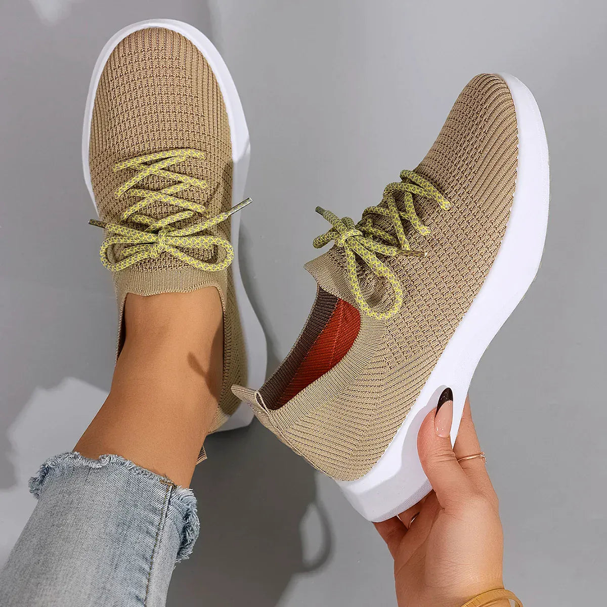 Khaki Breathable Athletic Orthopedic Sneakers for Women – view 2