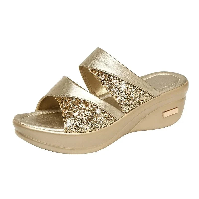 Glitter Wedge Gold Orthopedic Slides for Women