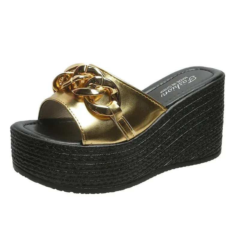 Gold Chain Wedge Slides for Knee Pain for Women