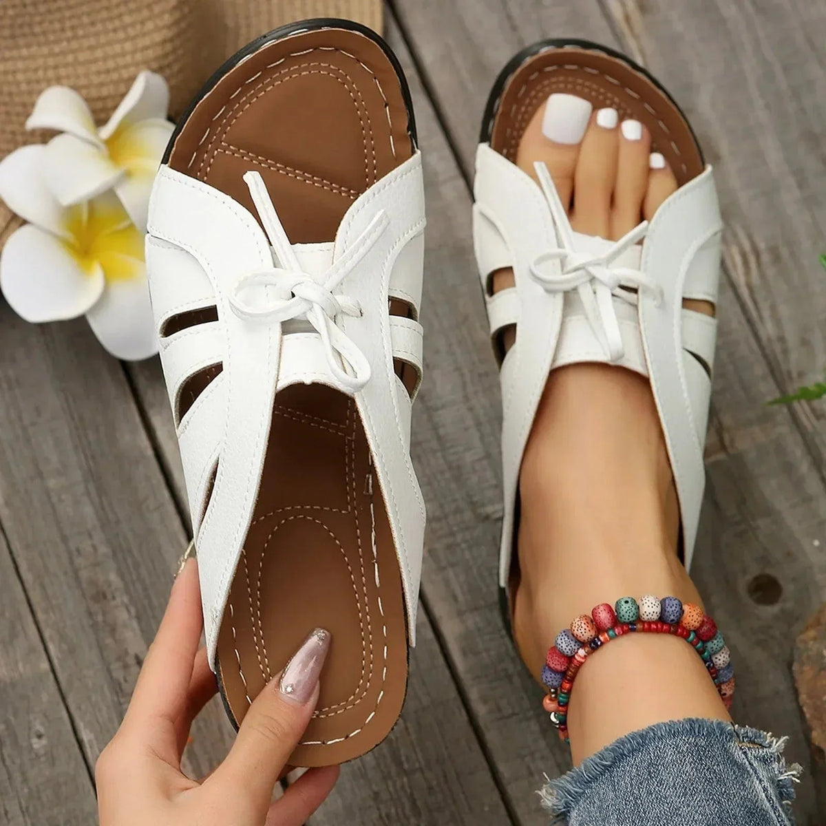 Lace Detail Non Slip Wedge Breathable Orthopedic Slides for Women – view 5