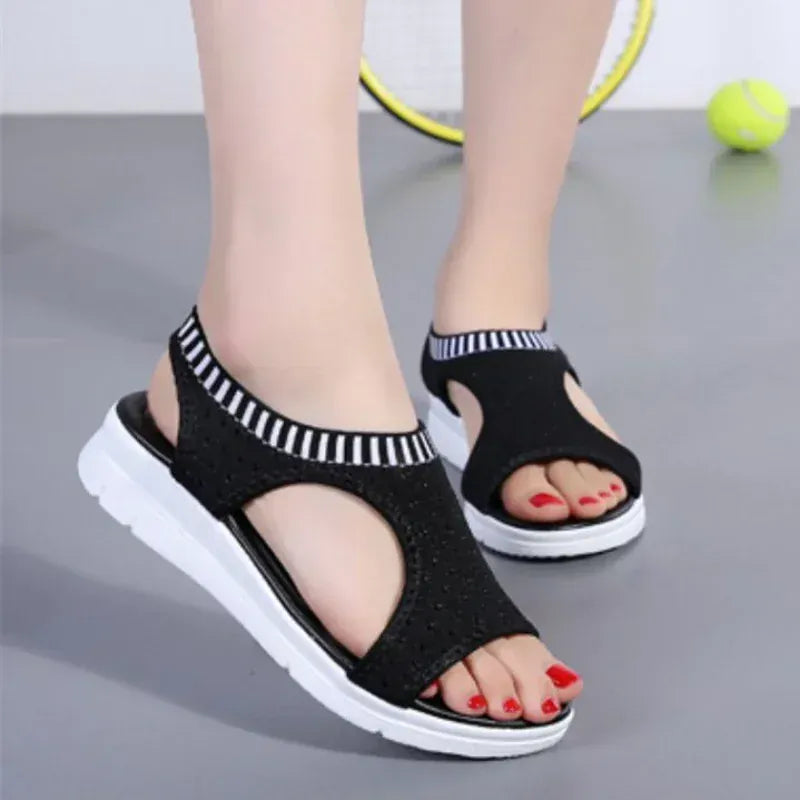 Black and White Elastic Wedge Orthopedic Sandals – view 2