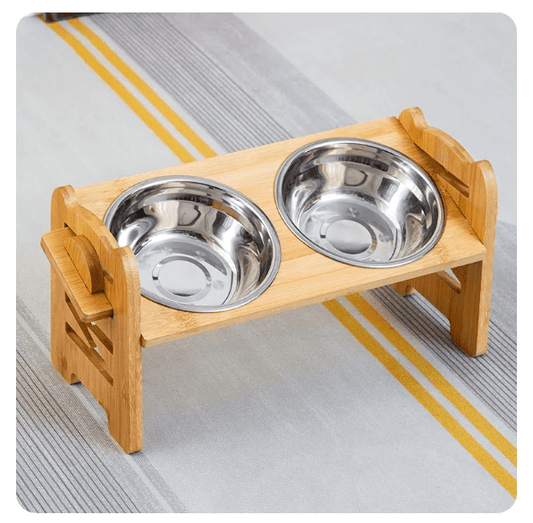 Stainless Steel Adjustable Raised Dog Bowl with Bamboo Stand