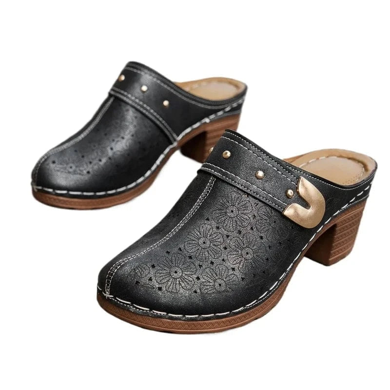 Black Leather Wedge Dressy Orthopedic Sandals for Women