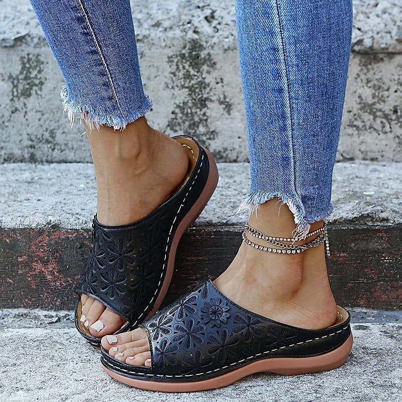 Black Vintage Vegan Leather Non Slip Orthopedic Sandals for Women – view 3
