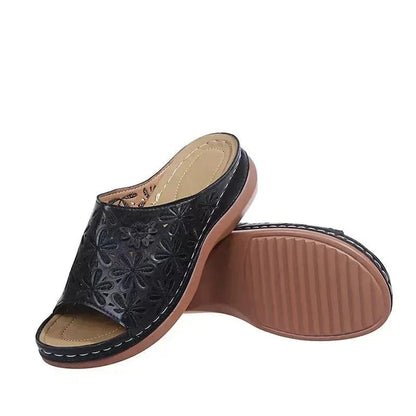 Black Vintage Vegan Leather Non Slip Orthopedic Sandals for Women